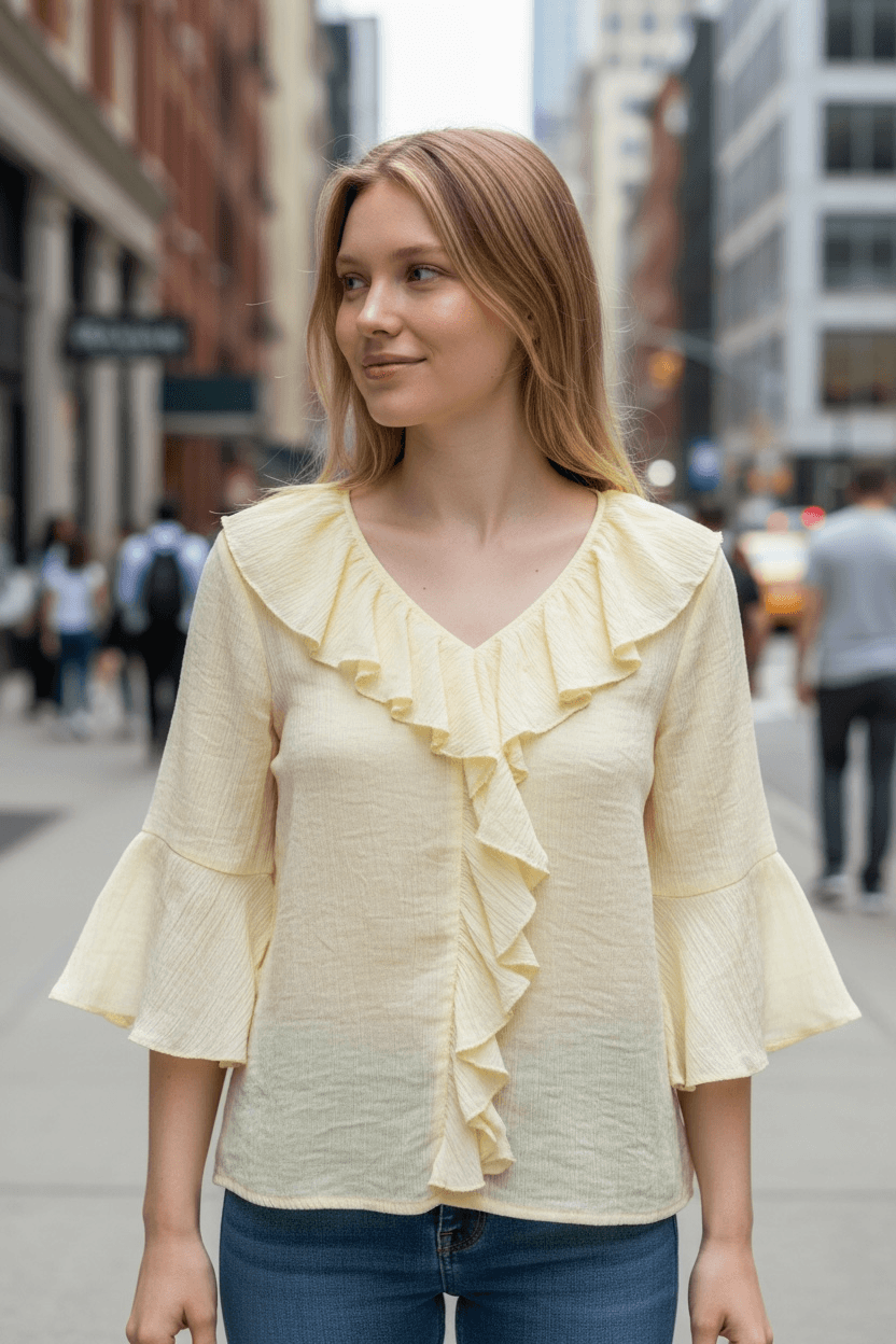 Rüschenbluse mit V-Ausschnitt und Silberfäden