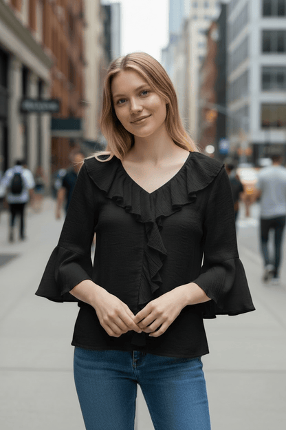 Rüschenbluse mit V-Ausschnitt und Silberfäden