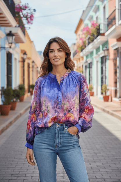 Elegante Aquarell-Bluse mit Seidenanteil