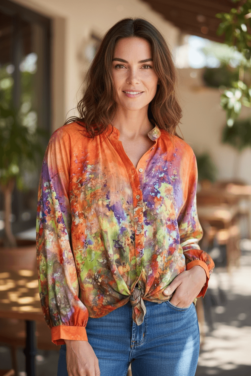 Elegante Aquarell-Bluse mit Seidenanteil