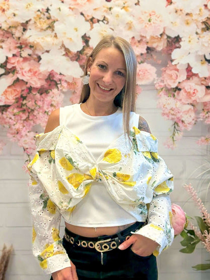Weiße schulterfreie Zitronenbluse mit Ripptop - langarm