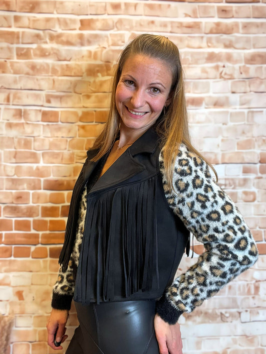 Kurzes Fransen-Gilet aus Veloursstoff