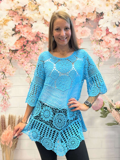 Längere Häkelbluse mit 3/4-Arm