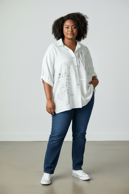 Lange Hemdbluse mit silbernem Print - Oversized