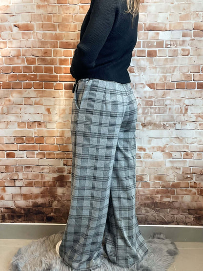 Grau-Schwarz gemusterte Stoffhose - Weites Bein