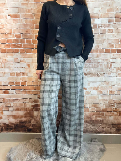 Grau-Schwarz gemusterte Stoffhose - Weites Bein