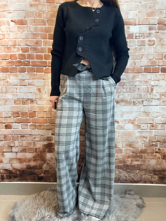 Grau-Schwarz gemusterte Stoffhose - Weites Bein