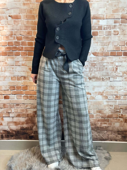 Grau-Schwarz gemusterte Stoffhose - Weites Bein