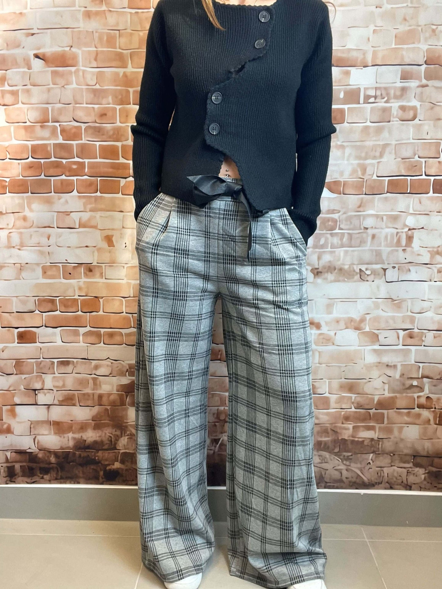 Grau-Schwarz gemusterte Stoffhose - Weites Bein