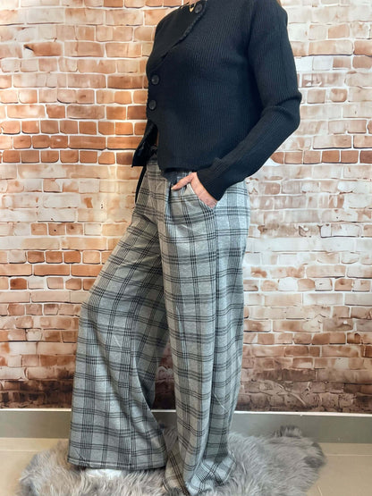 Grau-Schwarz gemusterte Stoffhose - Weites Bein