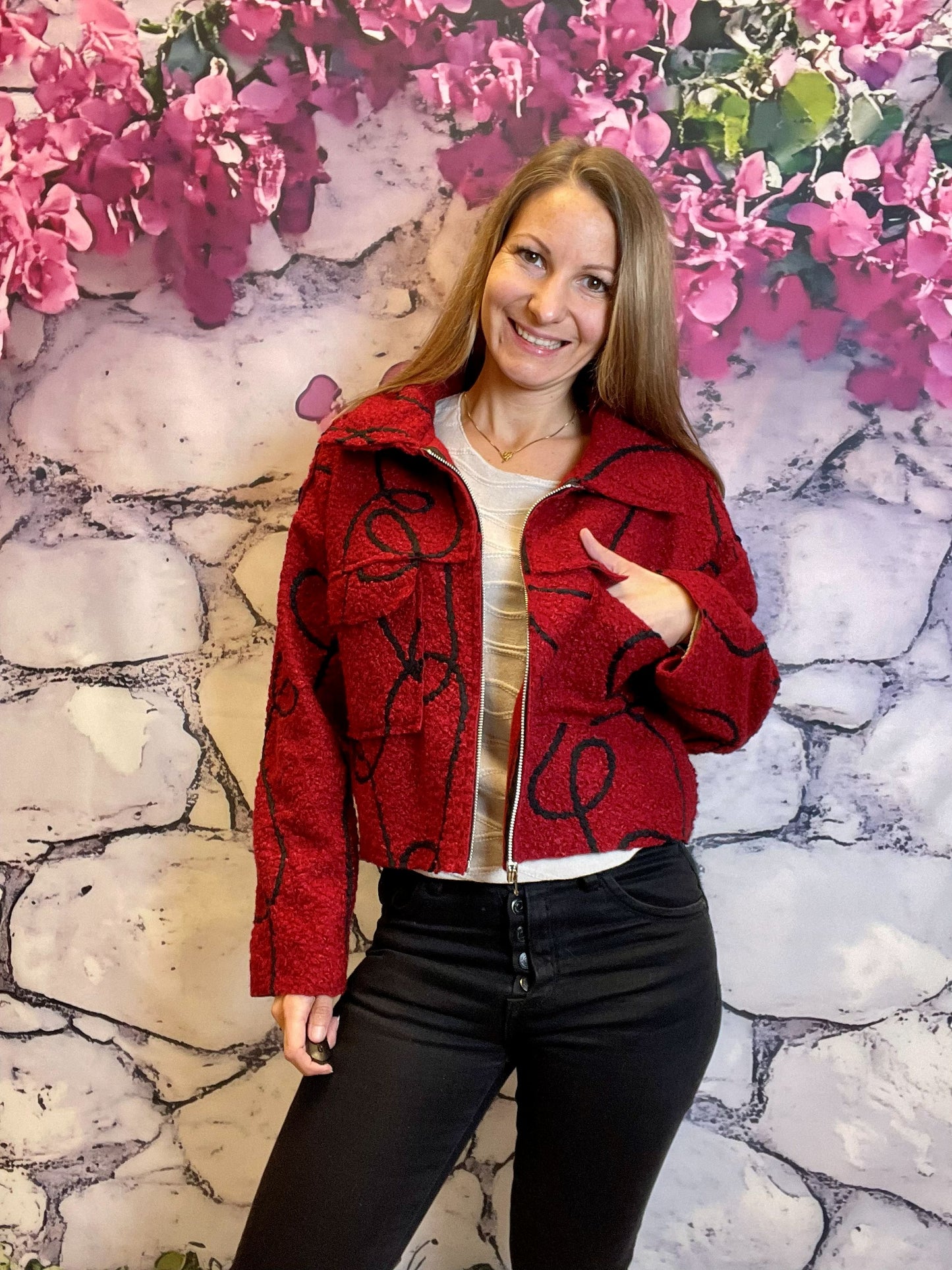 Kurze gestreifte Teddy-Übergangsjacke