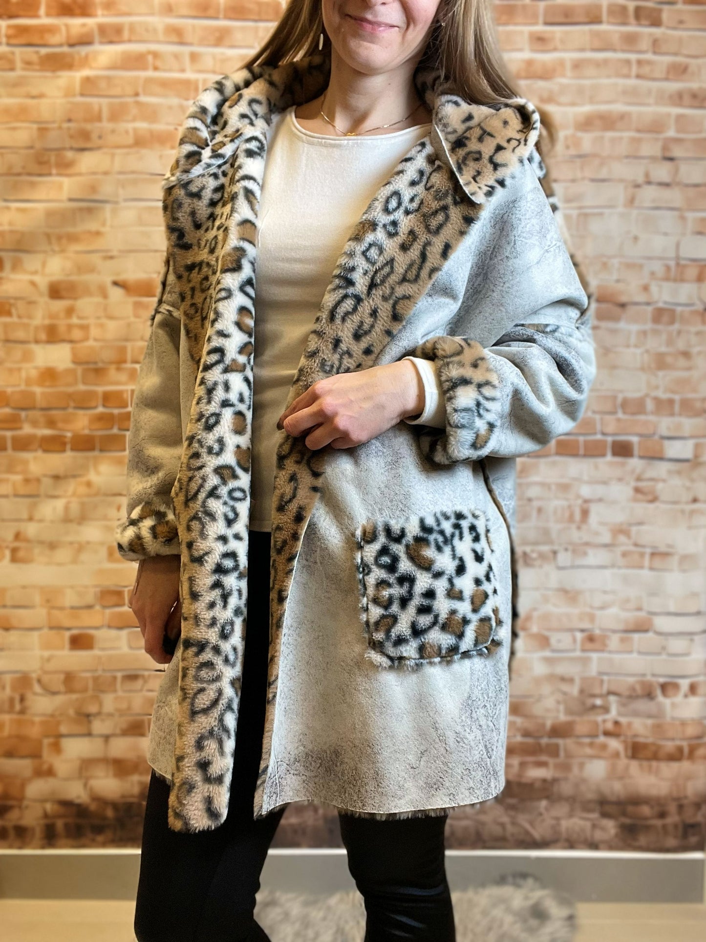 Wendejacke mit Leoprint - Beige