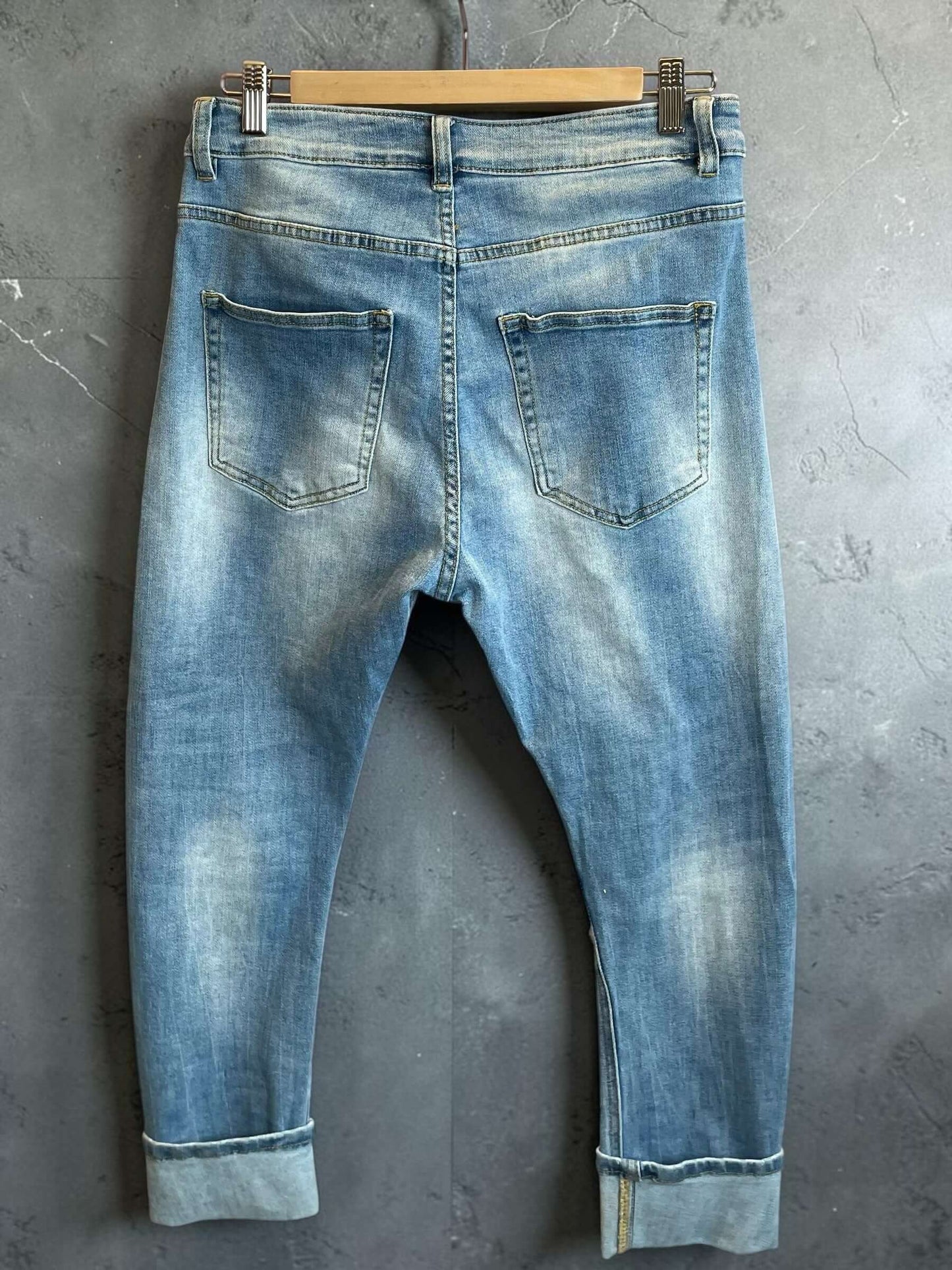 Blaue Sexy S. Woman Baggy Boyfriend Jeans "Blumen" - 7/8