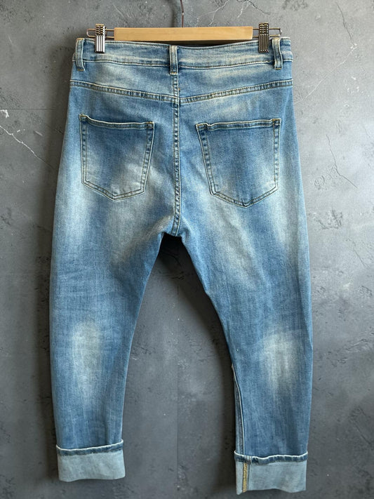 Blaue Sexy S. Woman Baggy Boyfriend Jeans "Blumen" - 7/8