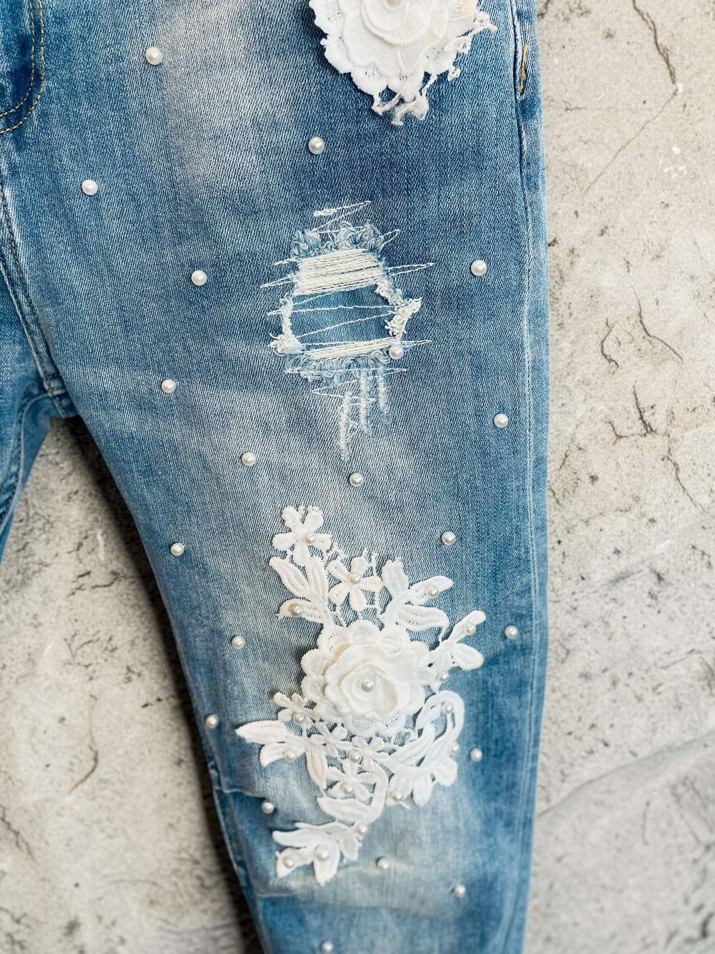 Blaue Sexy S. Woman Baggy Boyfriend Jeans "Blumen" - 7/8