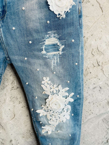 Blaue Sexy S. Woman Baggy Boyfriend Jeans "Blumen" - 7/8