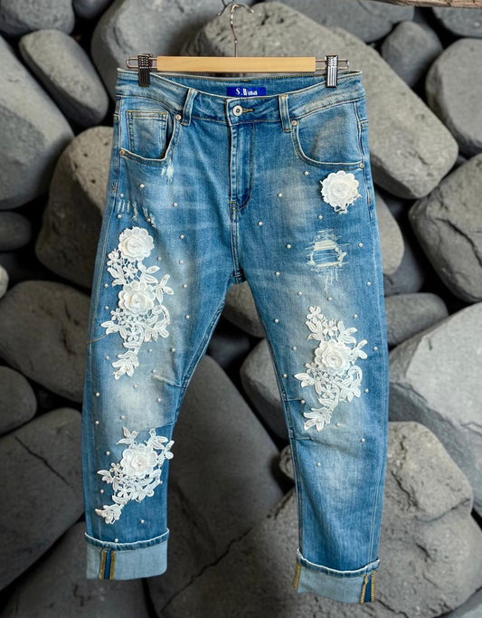 Blaue Sexy S. Woman Baggy Boyfriend Jeans "Blumen" - 7/8