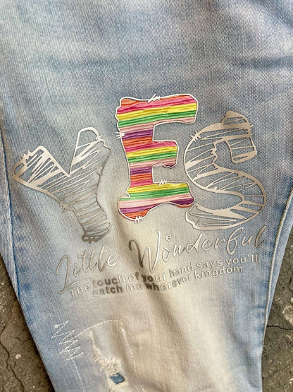 Hellblaue Sexy S. Woman Baggy Boyfriend Jeans "YES" - 7/8