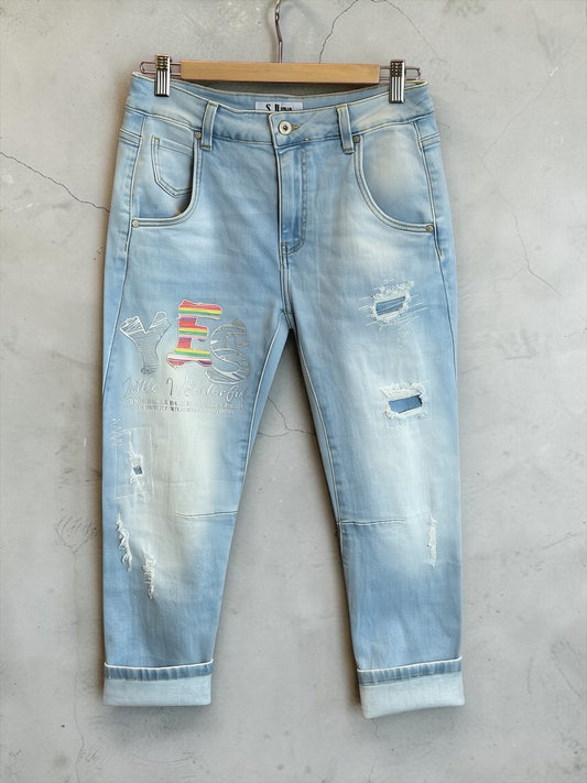 Hellblaue Sexy S. Woman Baggy Boyfriend Jeans "YES" - 7/8