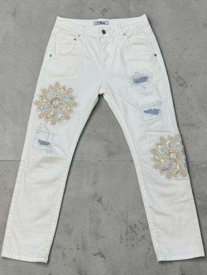 Weiße Sexy S. Woman Baggy Jeans "Blume" - 7/8