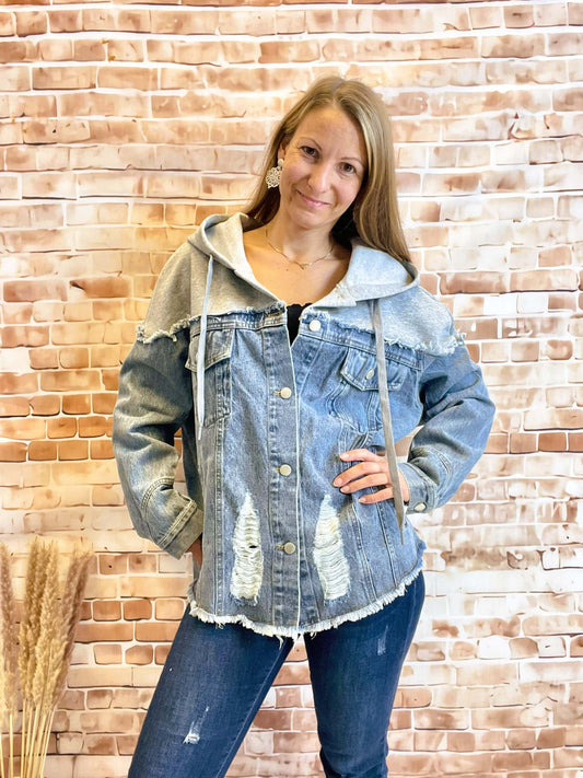 Jeansjacke mit Kapuze und Stoffeinsatz (Hoodie)