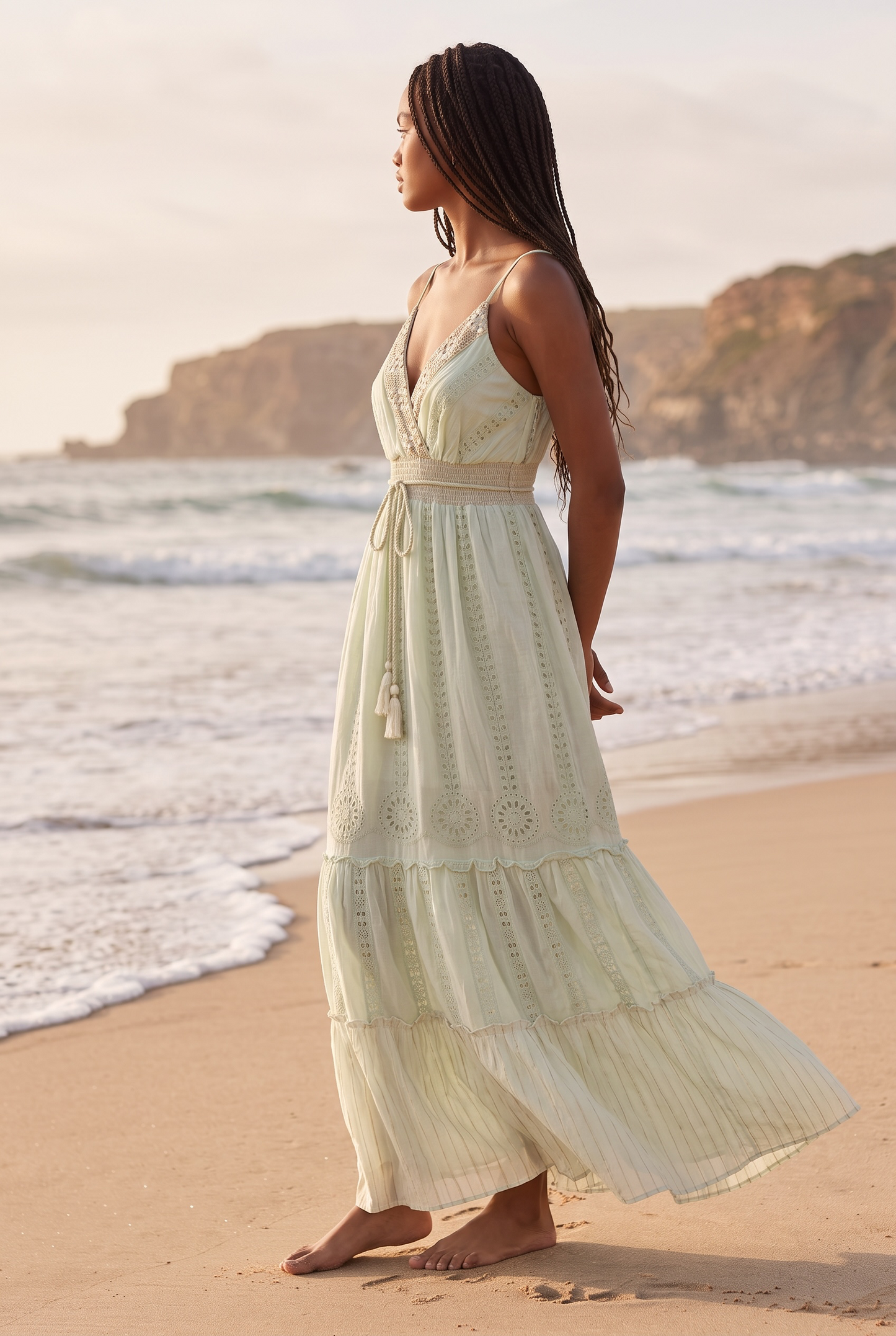 Bodenlanges Boho-Kleid mit Spaghettiträgern und Goldfäden