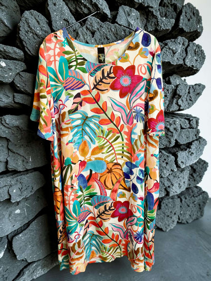 Buntes kurzarm Hänger-Kleid aus Viskose