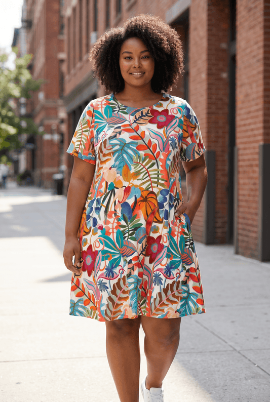 Buntes kurzarm Hänger-Kleid aus Viskose
