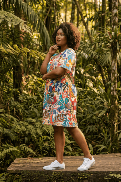 Buntes kurzarm Hänger-Kleid aus Viskose