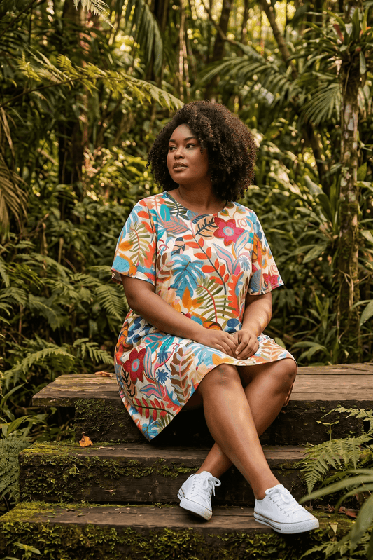 Buntes kurzarm Hänger-Kleid aus Viskose