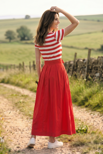 Langes Kurzarm-Viskosekleid - gestreiftes Oberteil