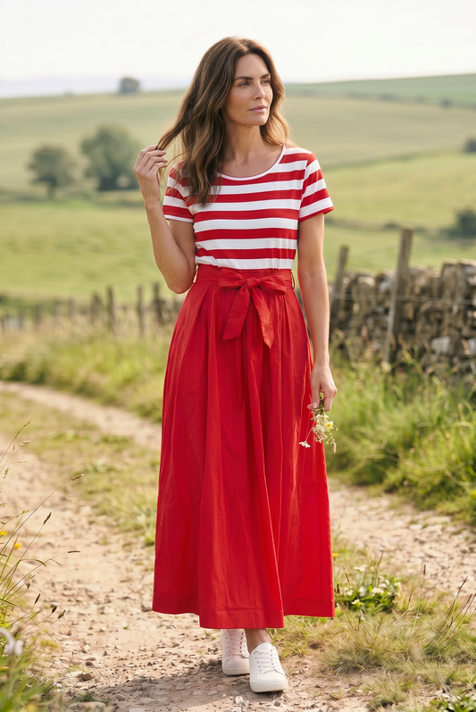 Langes Kurzarm-Viskosekleid - gestreiftes Oberteil