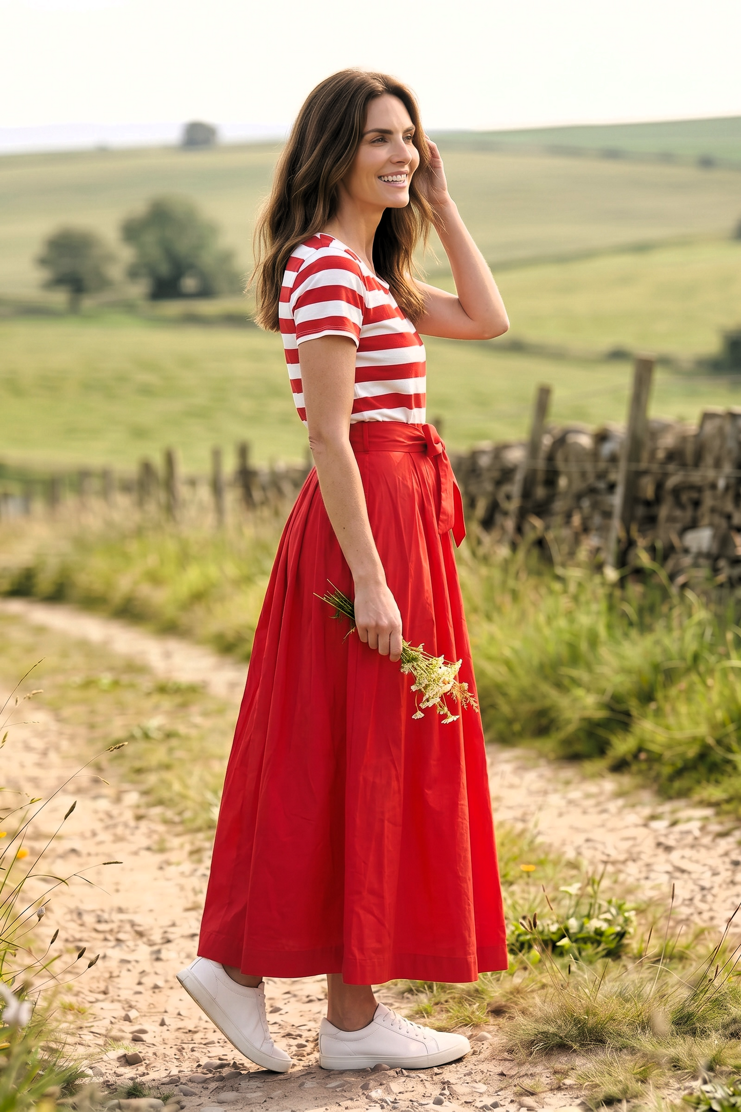 Langes Kurzarm-Viskosekleid - gestreiftes Oberteil