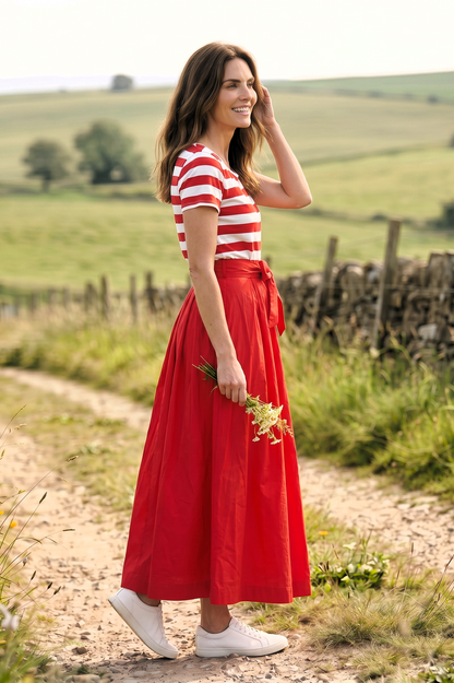 Langes Kurzarm-Viskosekleid - gestreiftes Oberteil