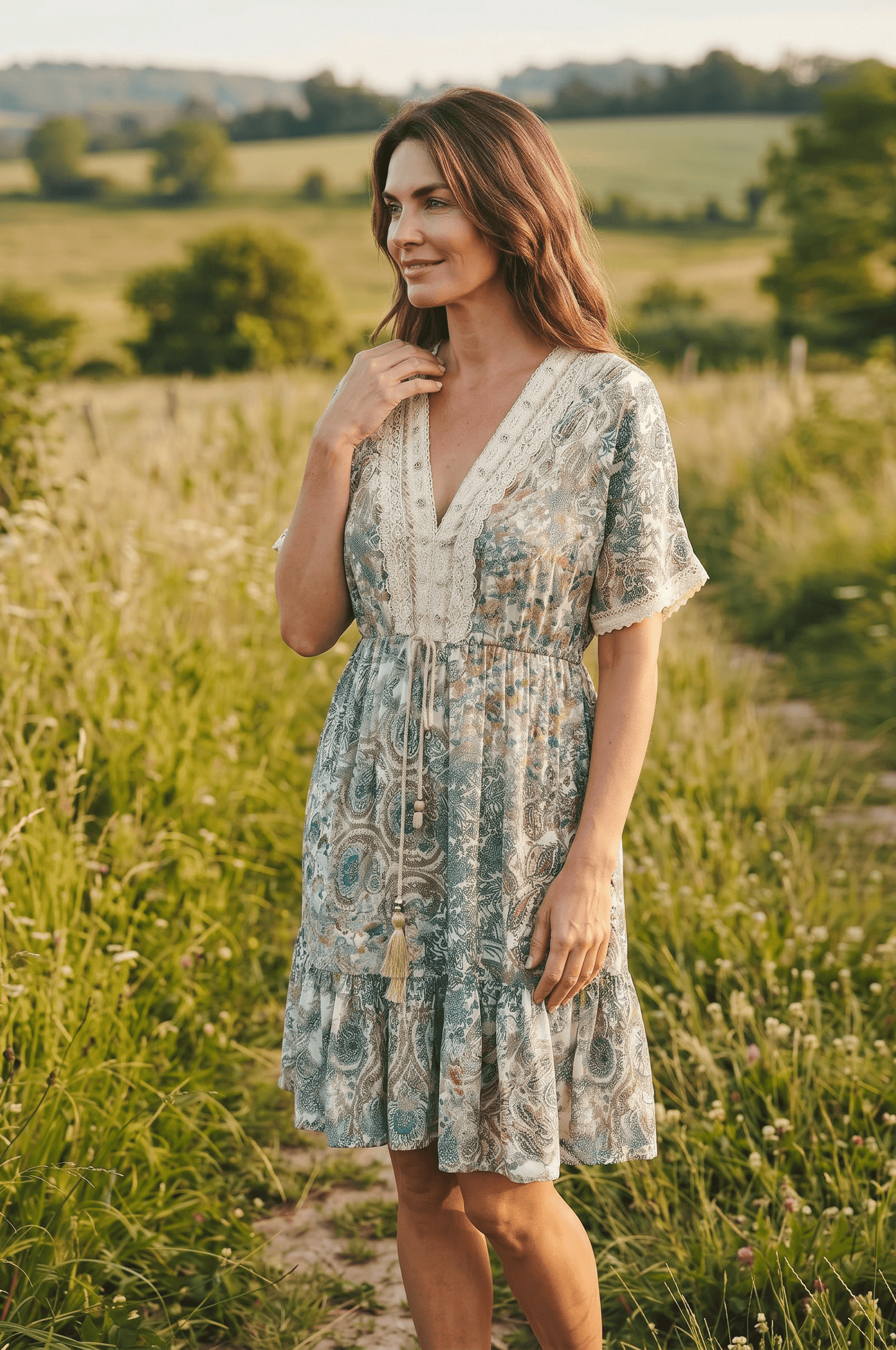 Kurzes Boho-Empirekleid mit Paisley-Print