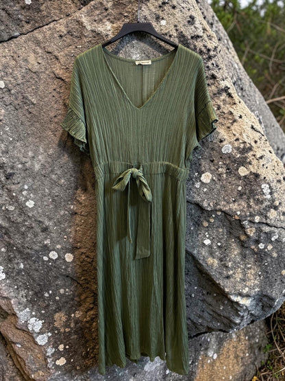Langes Musselin-Kleid kurzarm mit V-Ausschnitt