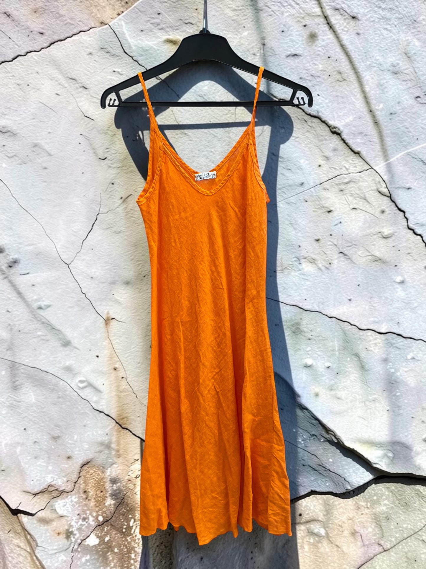 Midi Leinenkleid mit Spaghettiträgern - A-Linie