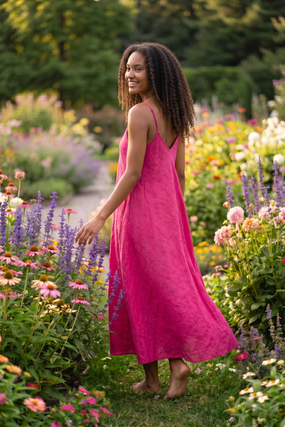 Midi Leinenkleid mit Spaghettiträgern - A-Linie