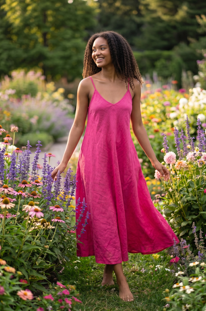 Midi Leinenkleid mit Spaghettiträgern - A-Linie