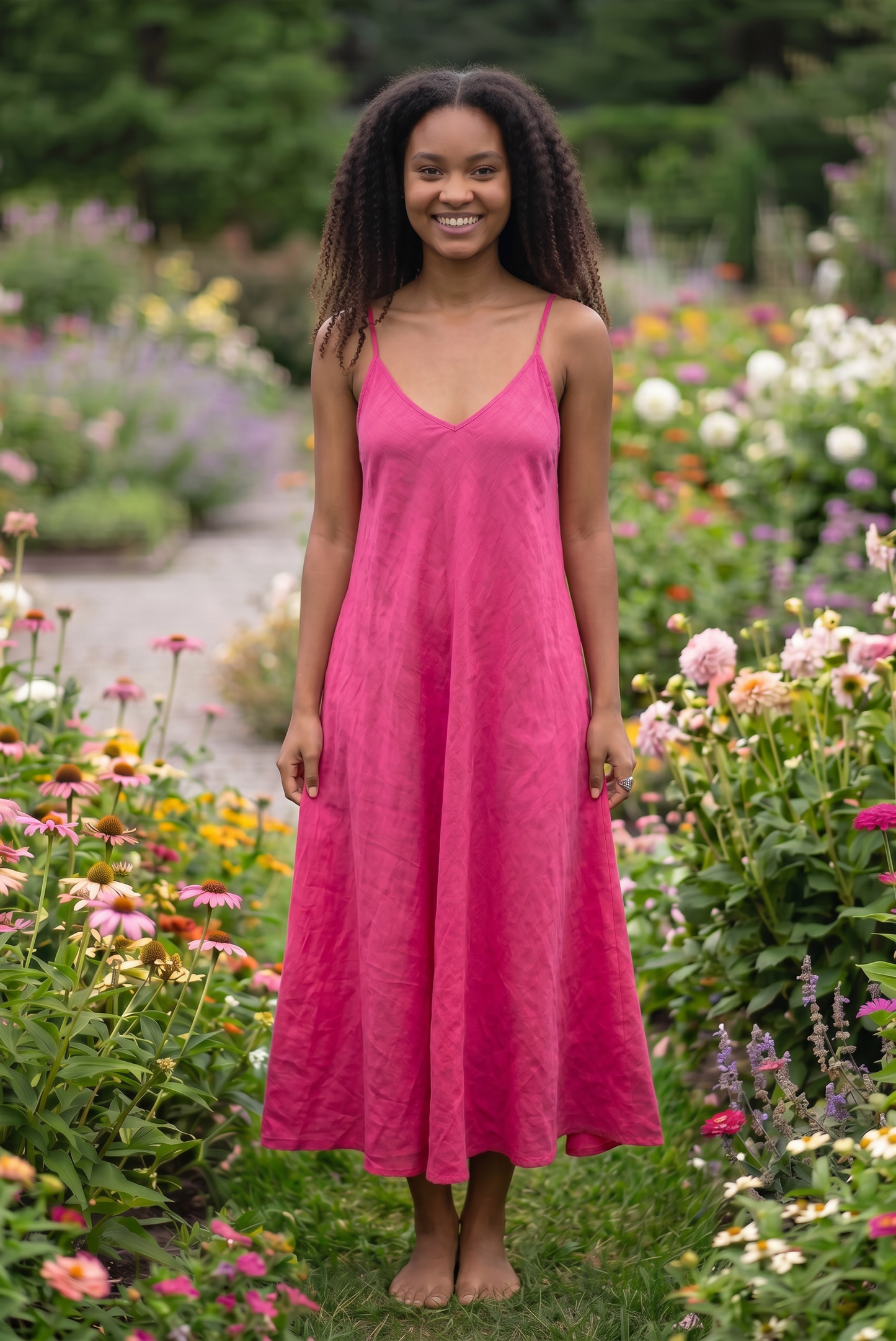 Midi Leinenkleid mit Spaghettiträgern - A-Linie