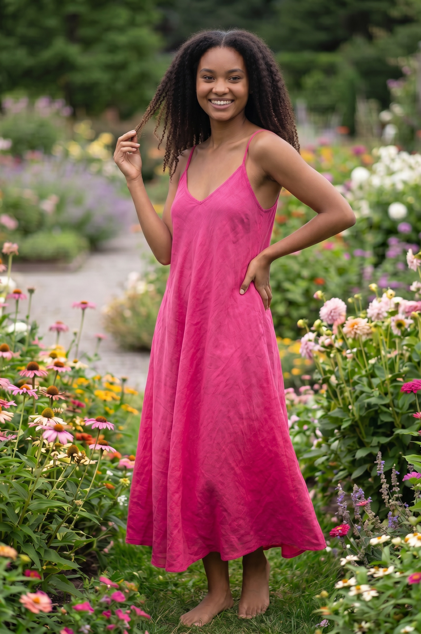 Midi Leinenkleid mit Spaghettiträgern - A-Linie