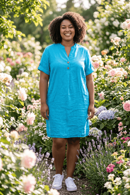 Leinenkleid mit 3/4-Arm und V-Ausschnitt
