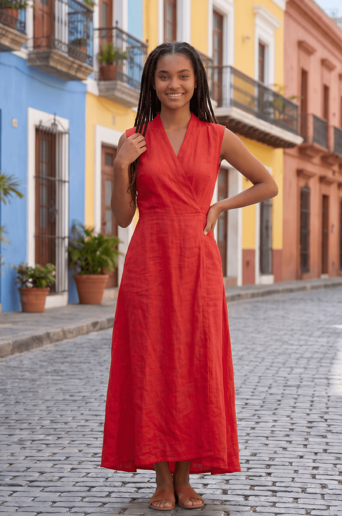 Langes ärmelloses Leinenkleid mit bereiten Trägern und V-Ausschnitt