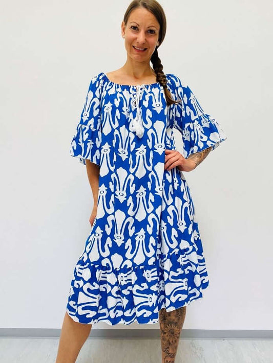 Gemustertes Viskosekleid mit 3/4-Ärmeln