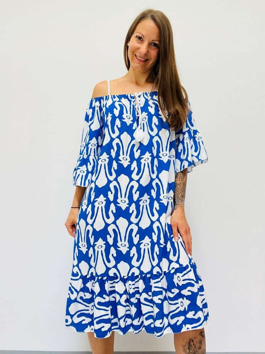 Gemustertes Viskosekleid mit 3/4-Ärmeln