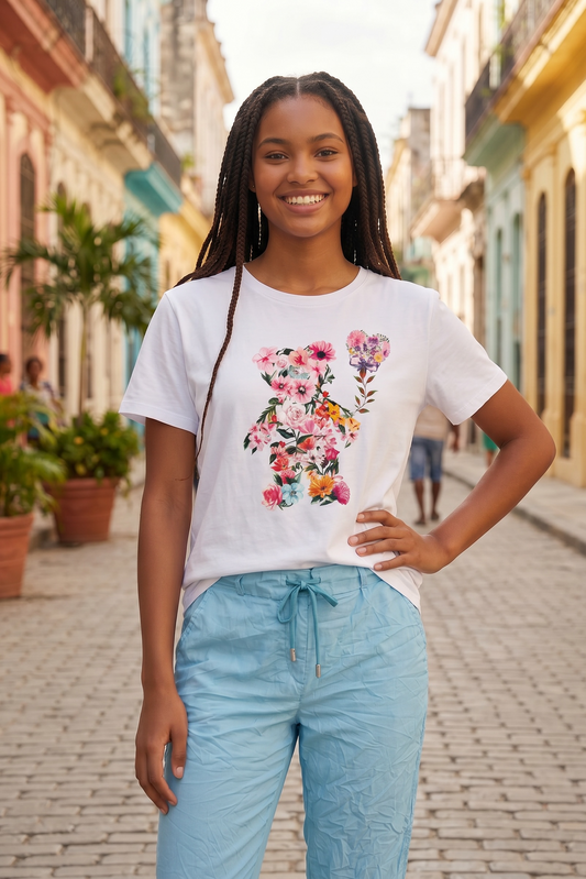 Weißes Kurzarmshirt mit buntem Blumen-Bär Motiv