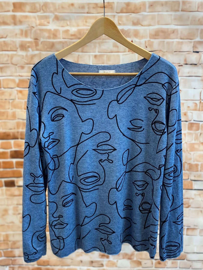 Viskose-Langarmshirt mit Gesichtsmotiv