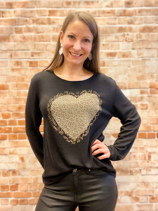 Viskose-Langarmshirt mit glänzendem Herz Leo Strass