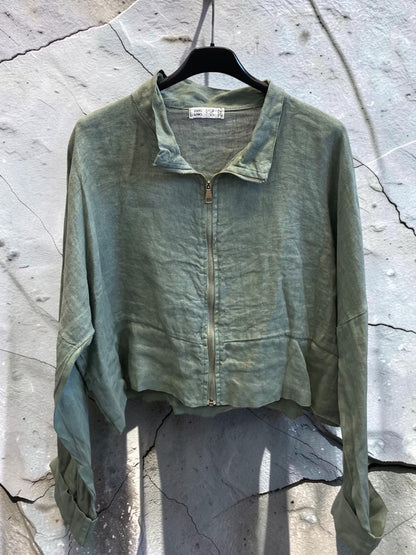 Kurze Leinenweste langarm mit Zippverschluss - oversized