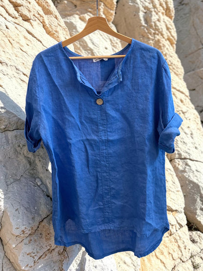 Leinenbluse mit 3/4-Arm und V-Ausschnitt